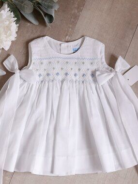White Smocked Dress Blue Floral Embroidery Luli & Me 3 Months Boutique Side Bows